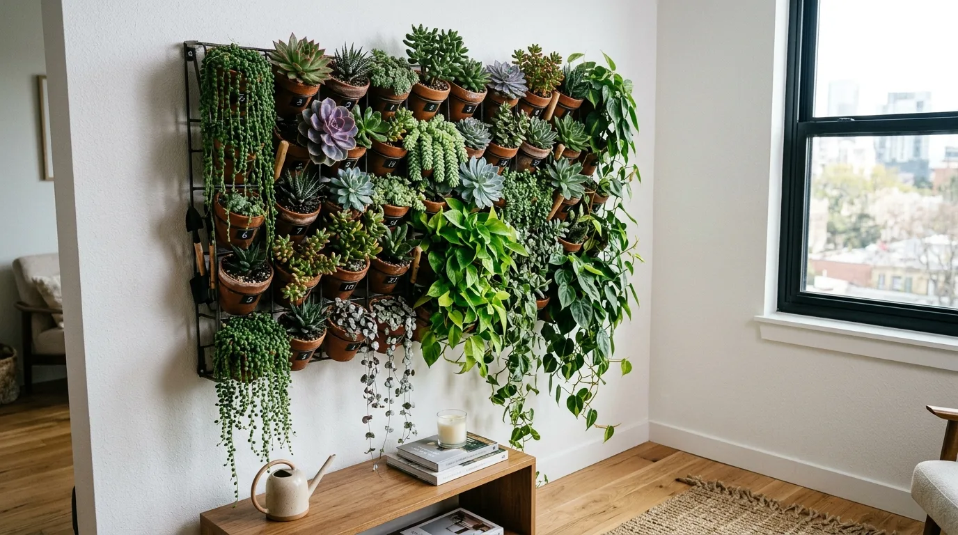 Compact Plant Wall With Succulents and Vines